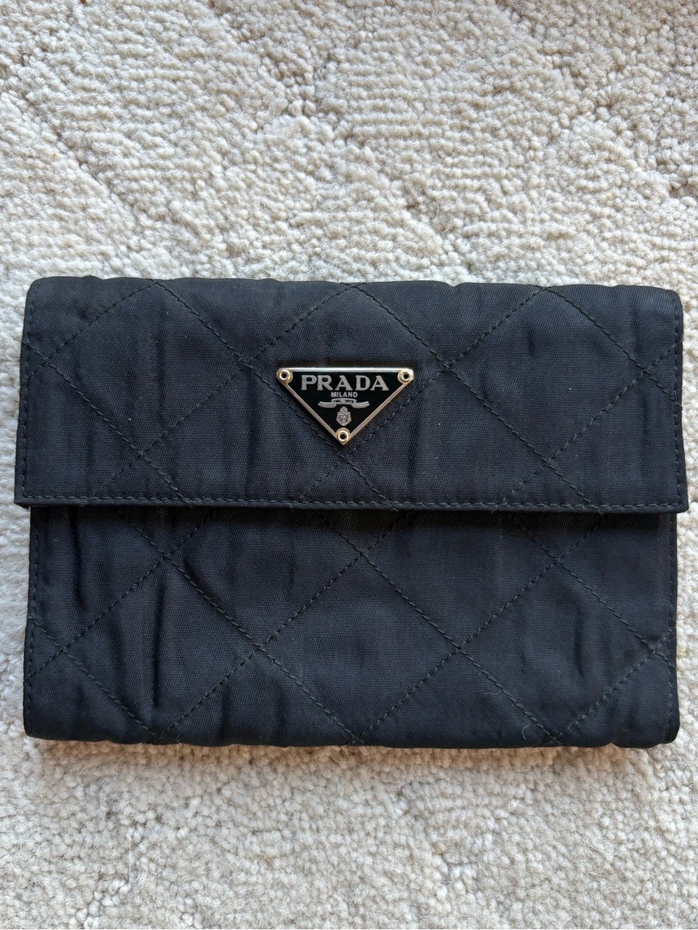 Prada Quilted Black Nylon Fold-Over Wallet with Logo Plaque